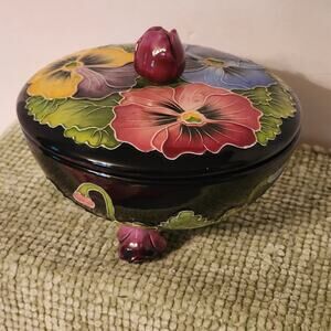 J. McCall Blue Sky 2004 Pansy Floral Covered Dish Footed Bowl 5x4 Handpainted